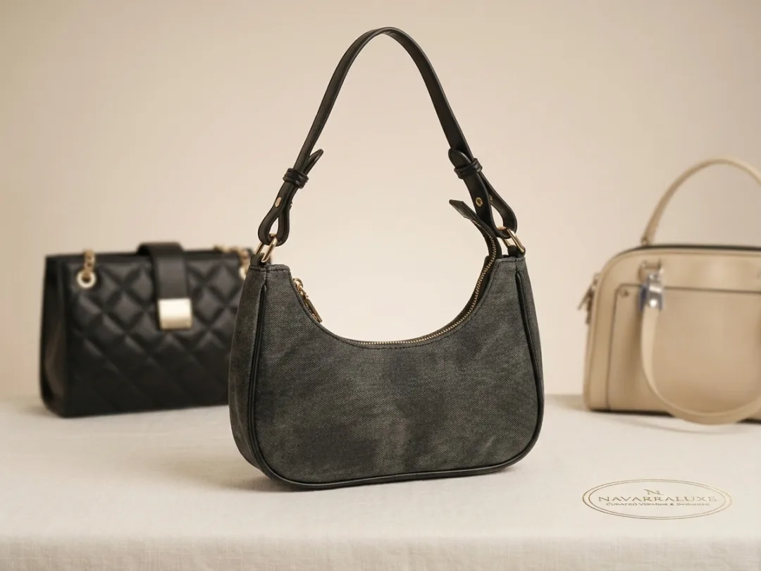Washed grey denim hobo shoulder bag with a single top handle and gold zip.