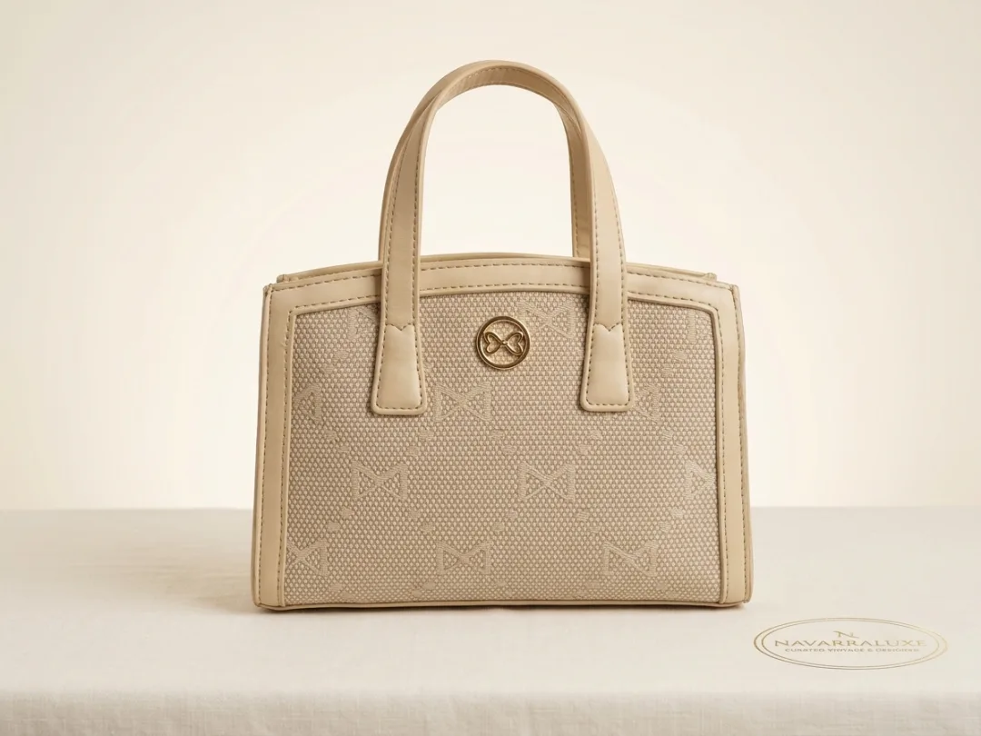 Beige monogram-jacquard mini tote with twin handles and a gold medallion.